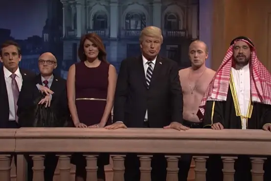 From left: Michael Cohen, Rudy Giuliani, Melania Trump, Donald Trump, Vladimir Putin, and Mohammed bin Salman
